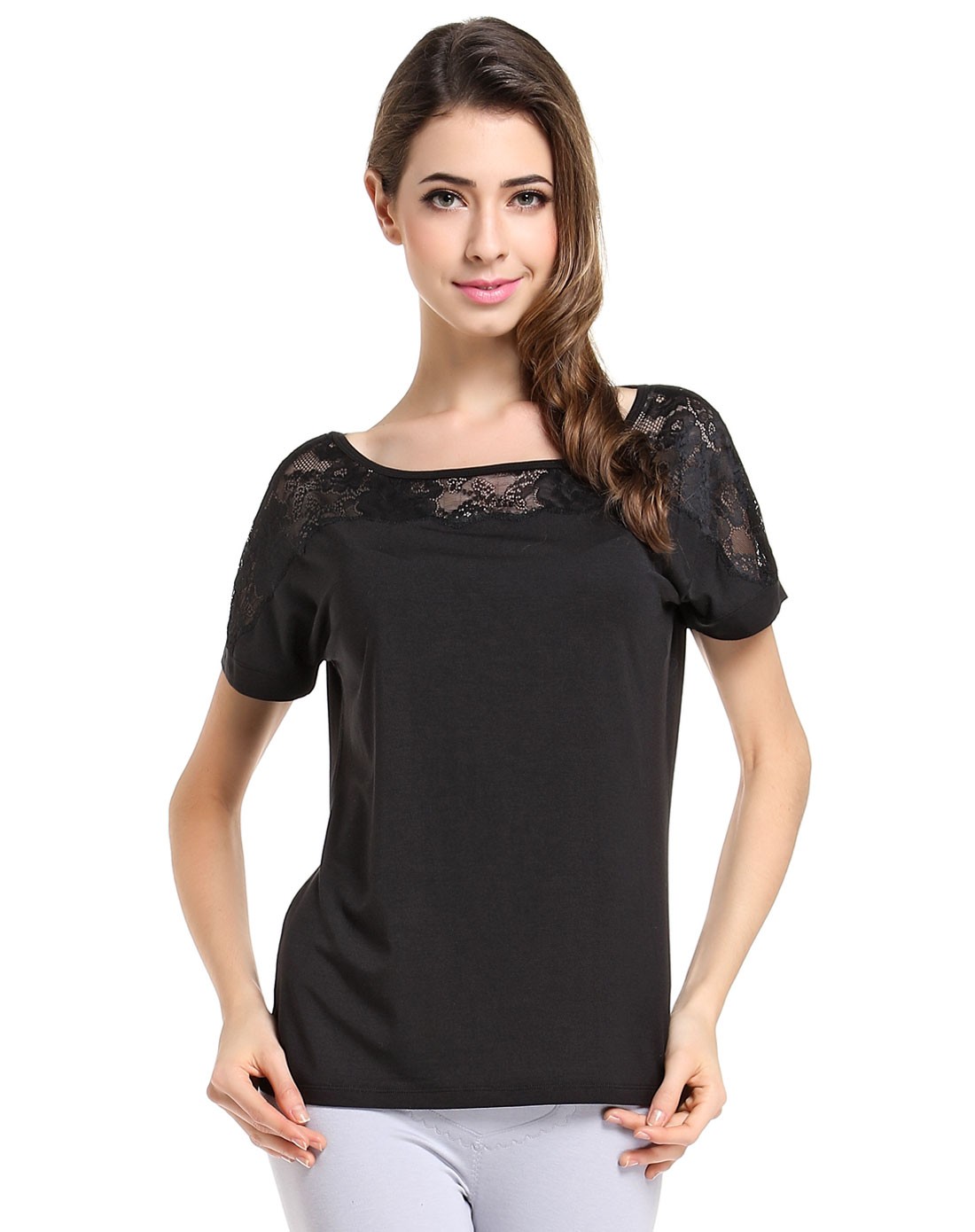 aimer女款黑色经典蕾丝短袖上衣