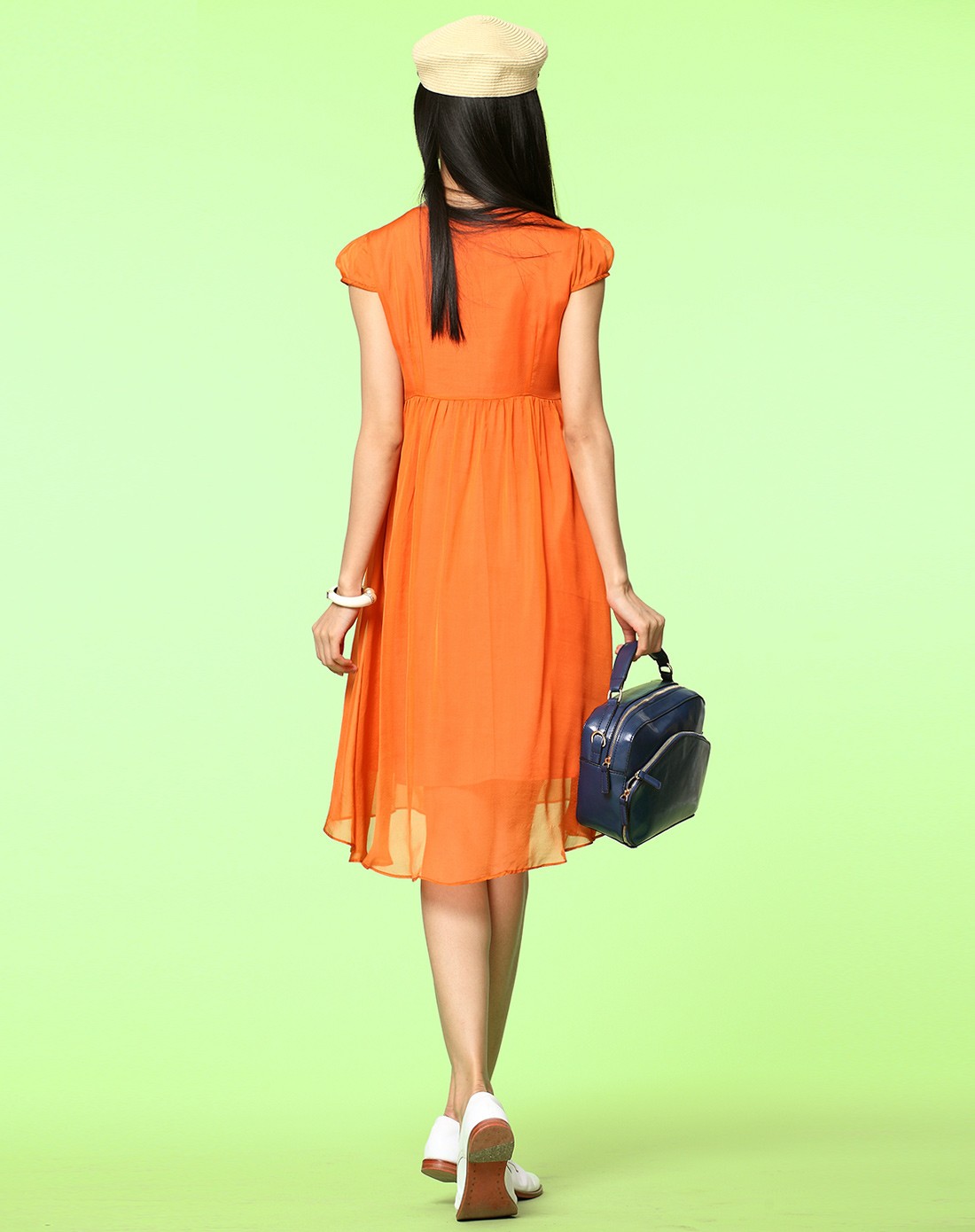 橘色淑女气质盖肩袖连衣裙