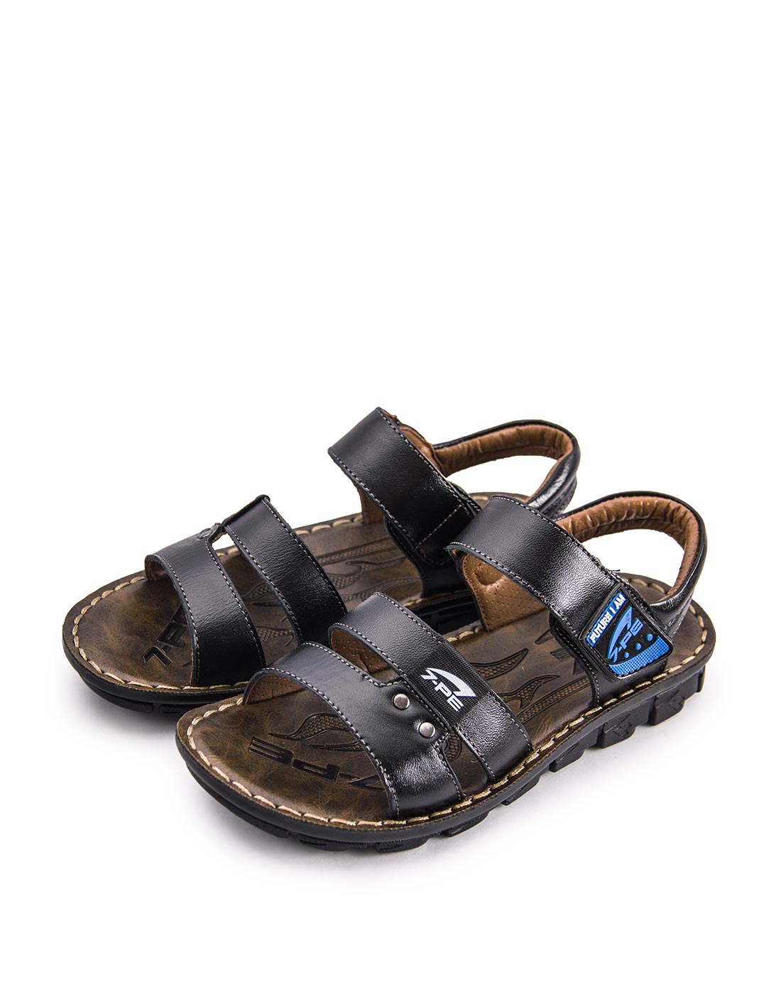 男童黑色牛皮/pu休闲防滑皮凉鞋