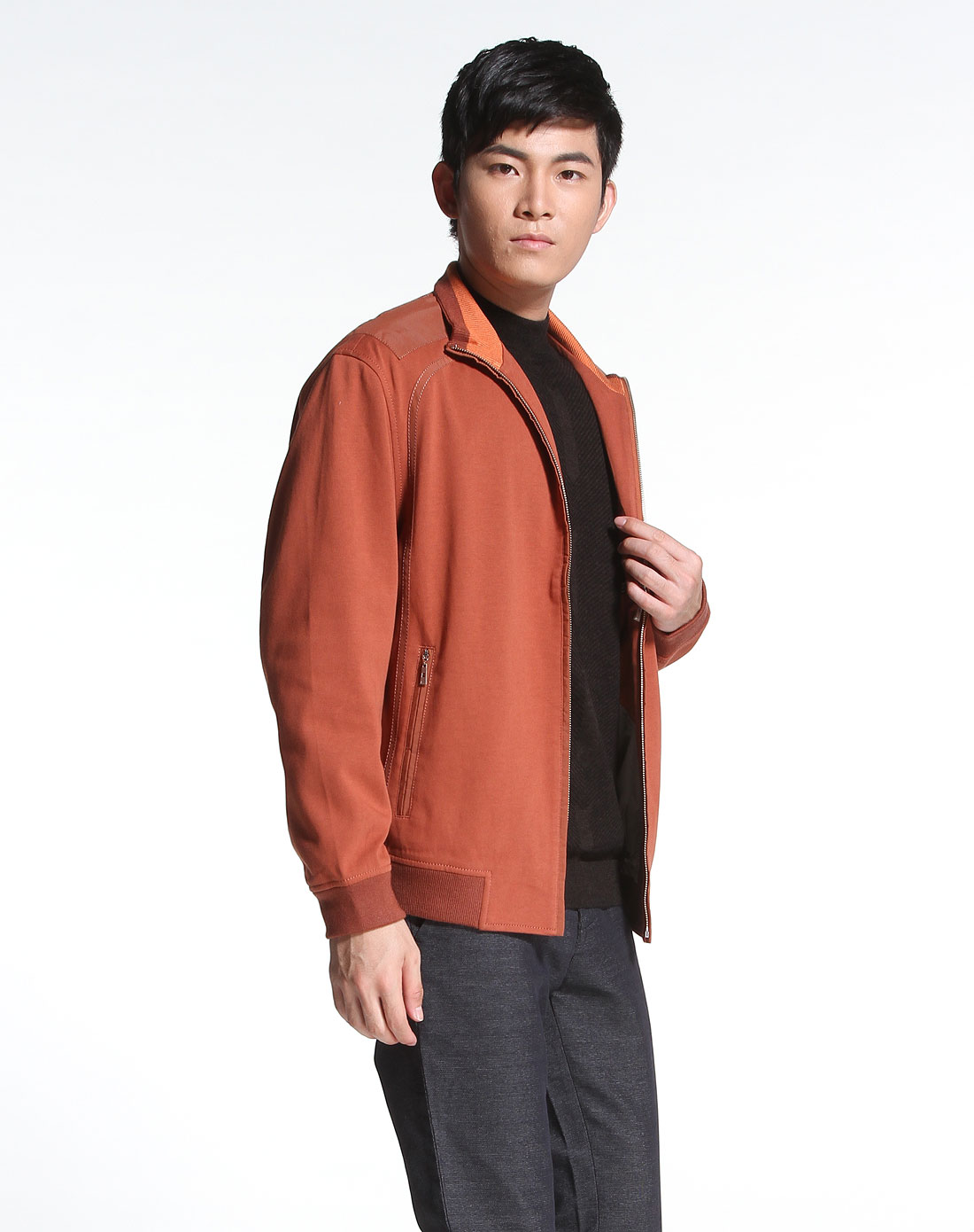 土红色休闲长袖拉链茄克