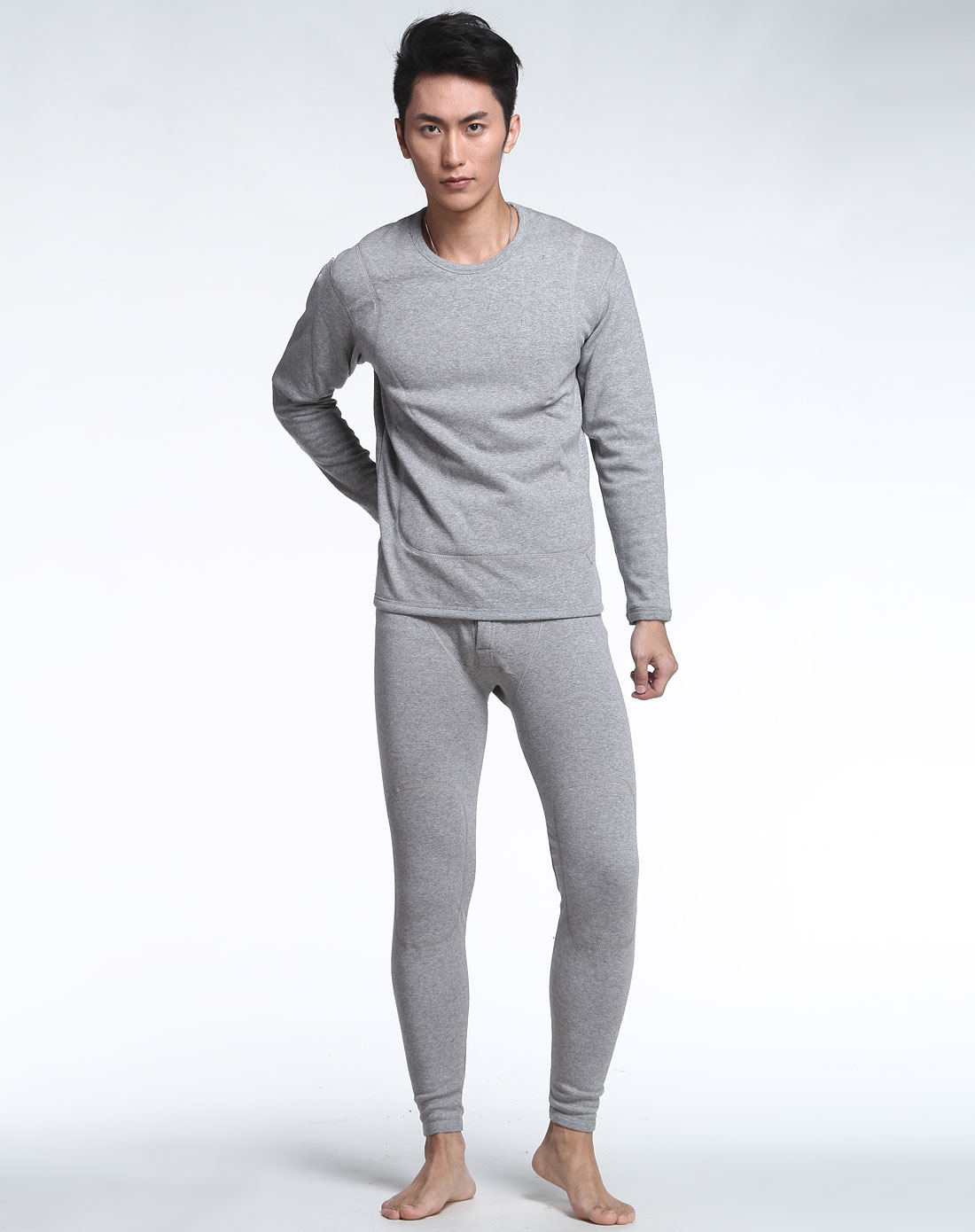 男款浅麻灰色活力棉黄金甲长袖保暖内衣套装