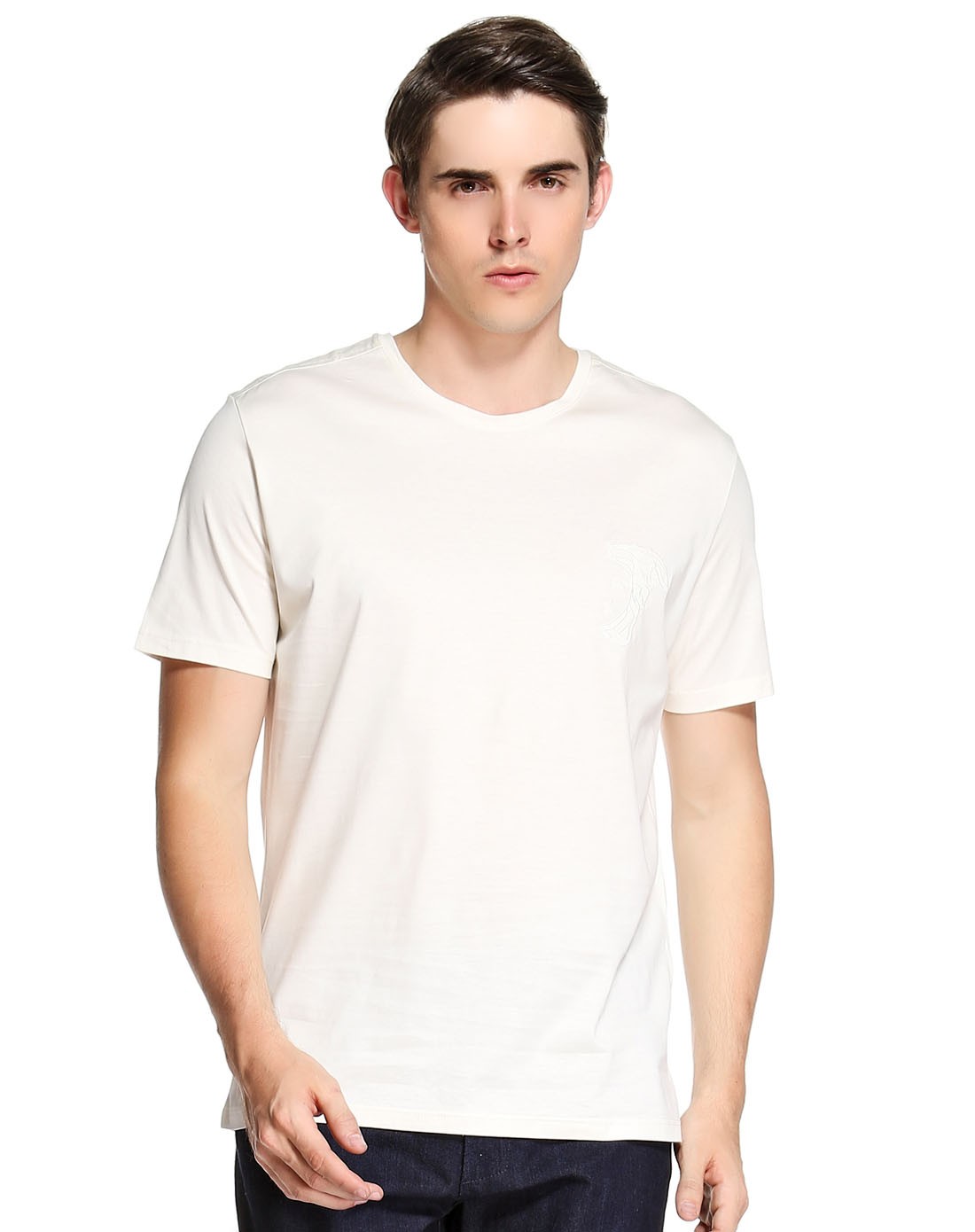 米白色斯文圆领短袖t恤