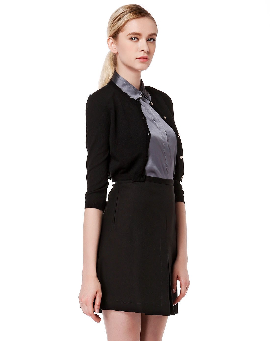 versace collection女装专场 黑色印图拼接开襟七分袖针织衫