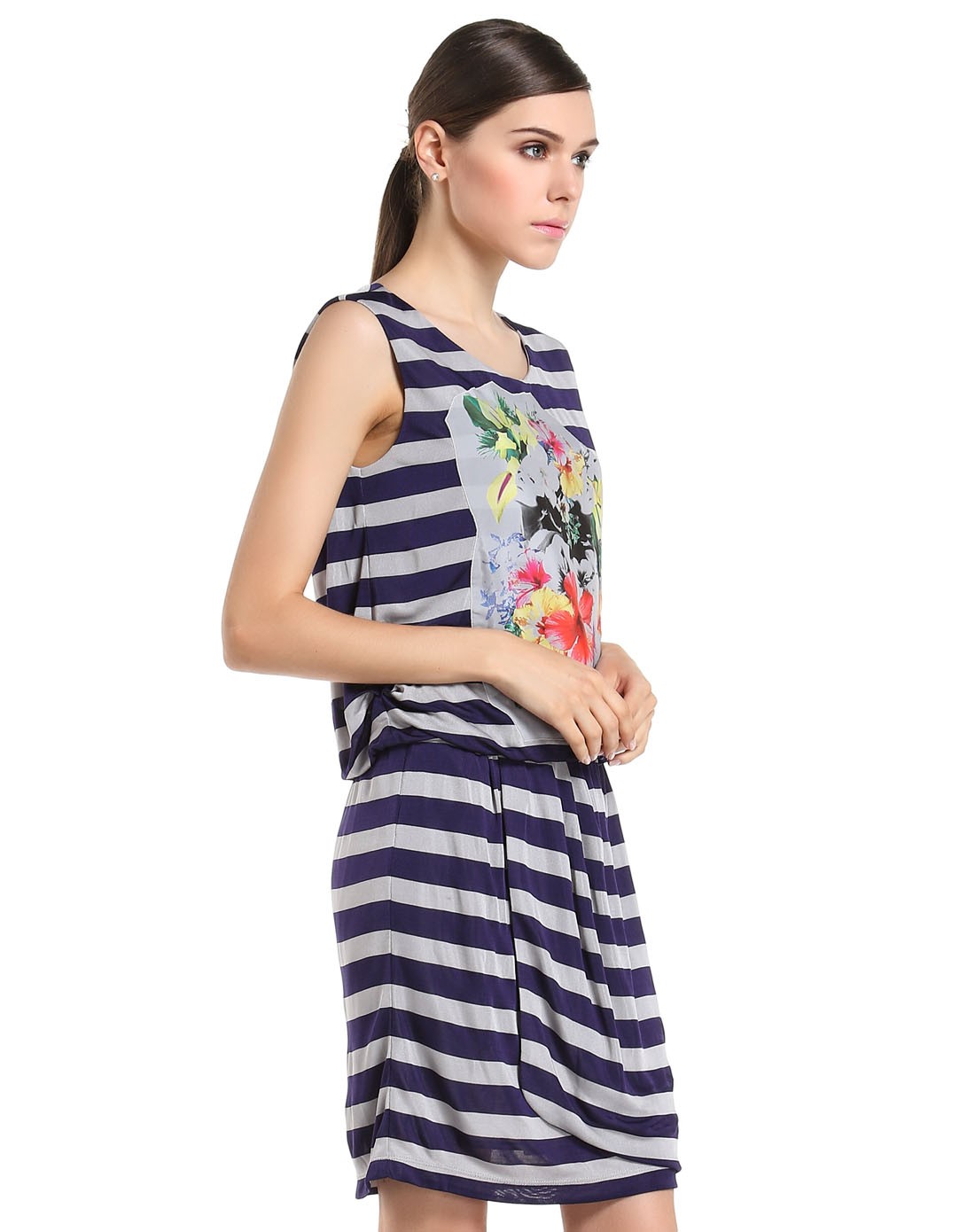 pesaro女装专场 灰/深蓝色条纹印花无袖连衣裙