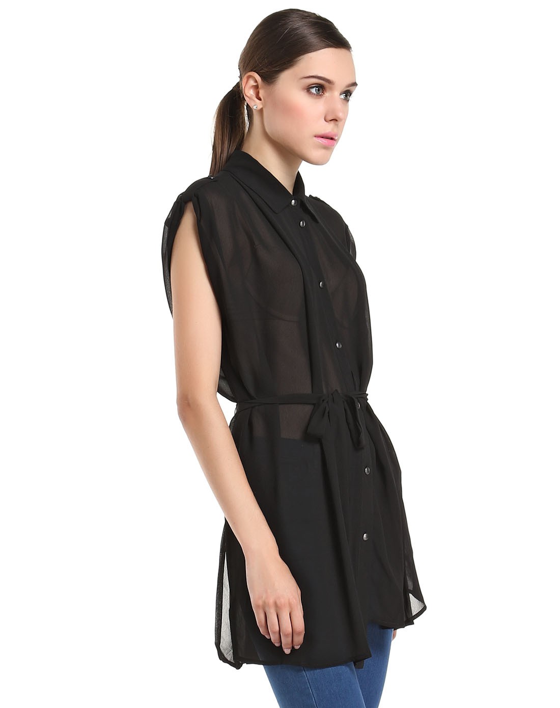 pesaro女装专场 黑色百搭舒适盖肩袖衬衫