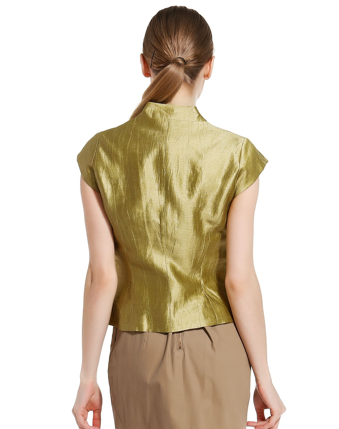 金黄色时尚一粒扣开襟盖肩袖上衣