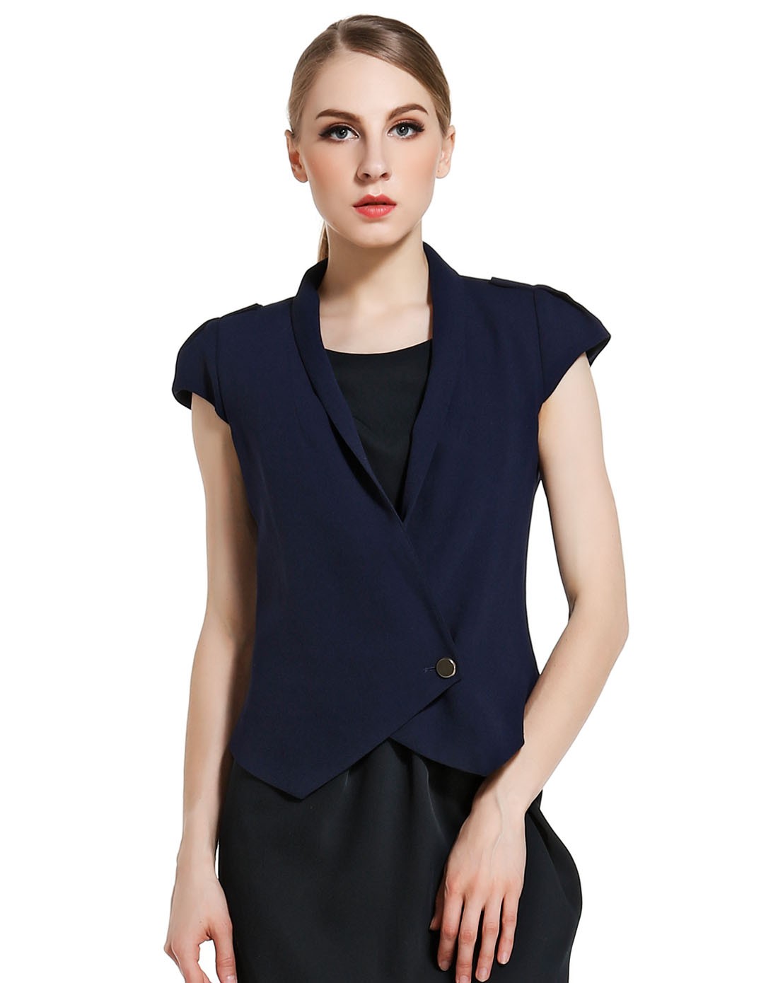 藏蓝色斜开襟一粒扣盖肩袖上衣