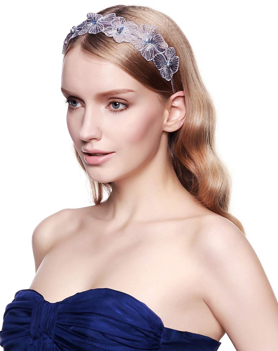 蓝色手工刺绣花朵压发头箍