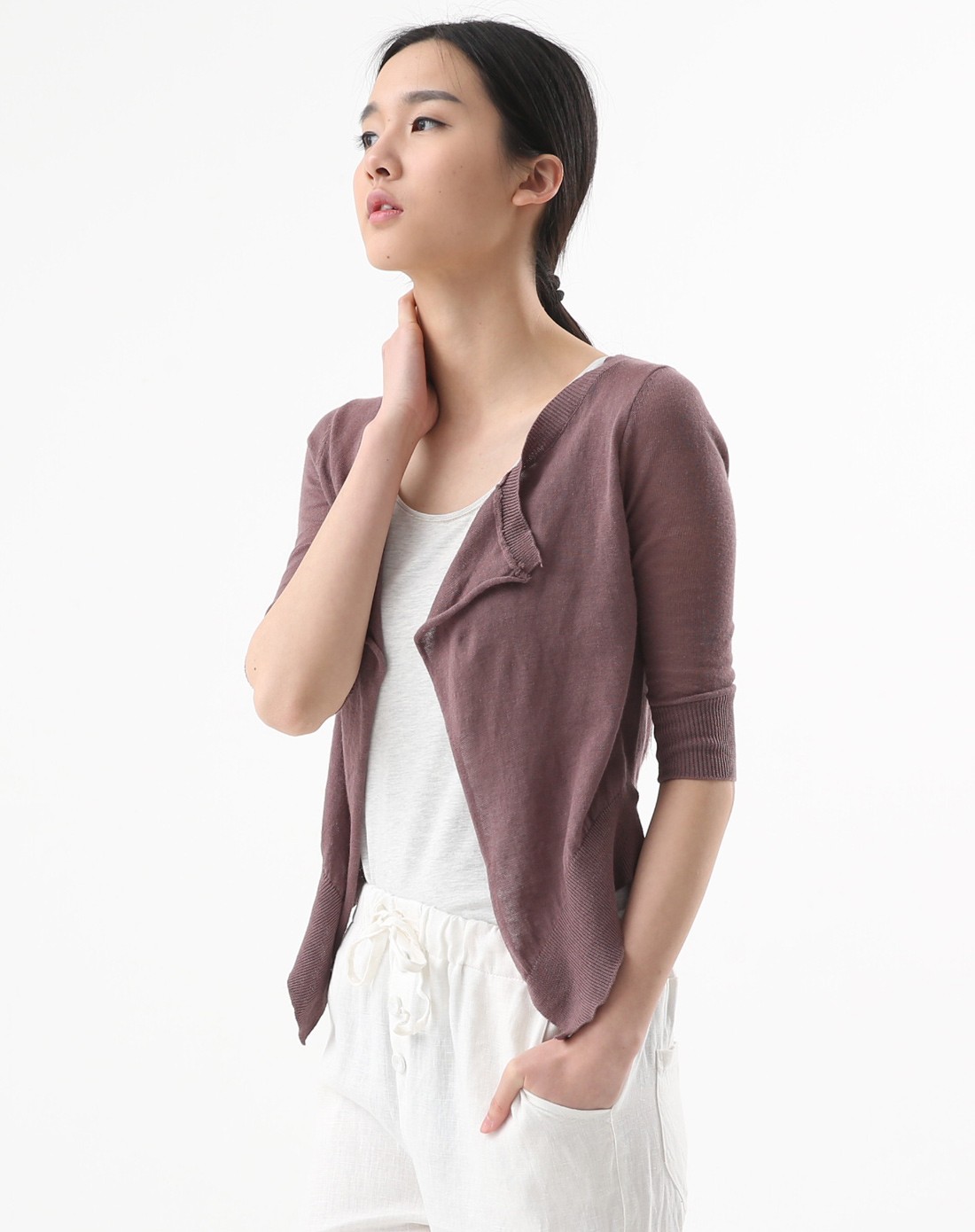 啡紫色都市百搭开襟六分袖针织衫