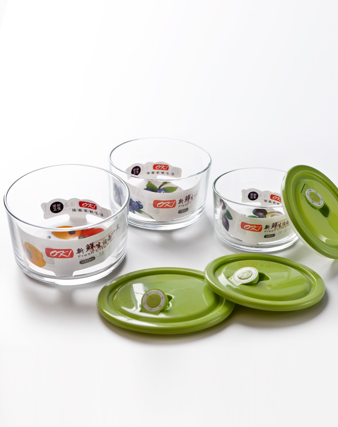 克芮思托时尚圆型玻璃储藏保鲜碗三件套(浅绿色)