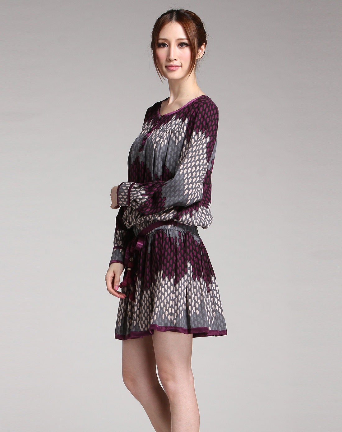 诺琪nochi女装专场-紫拼灰色印花长款长袖衬衫