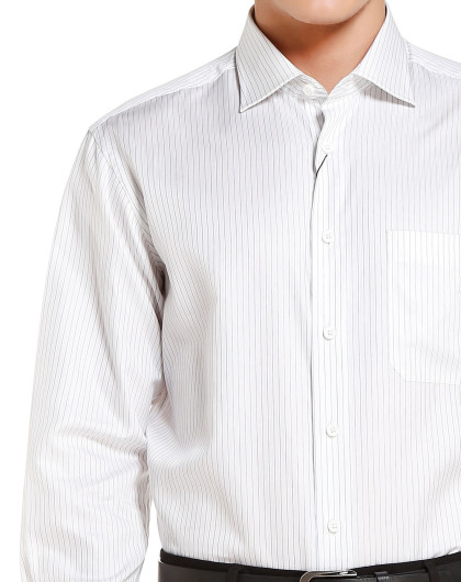 蓝色蚕丝棉简约竖纹长袖衬衫