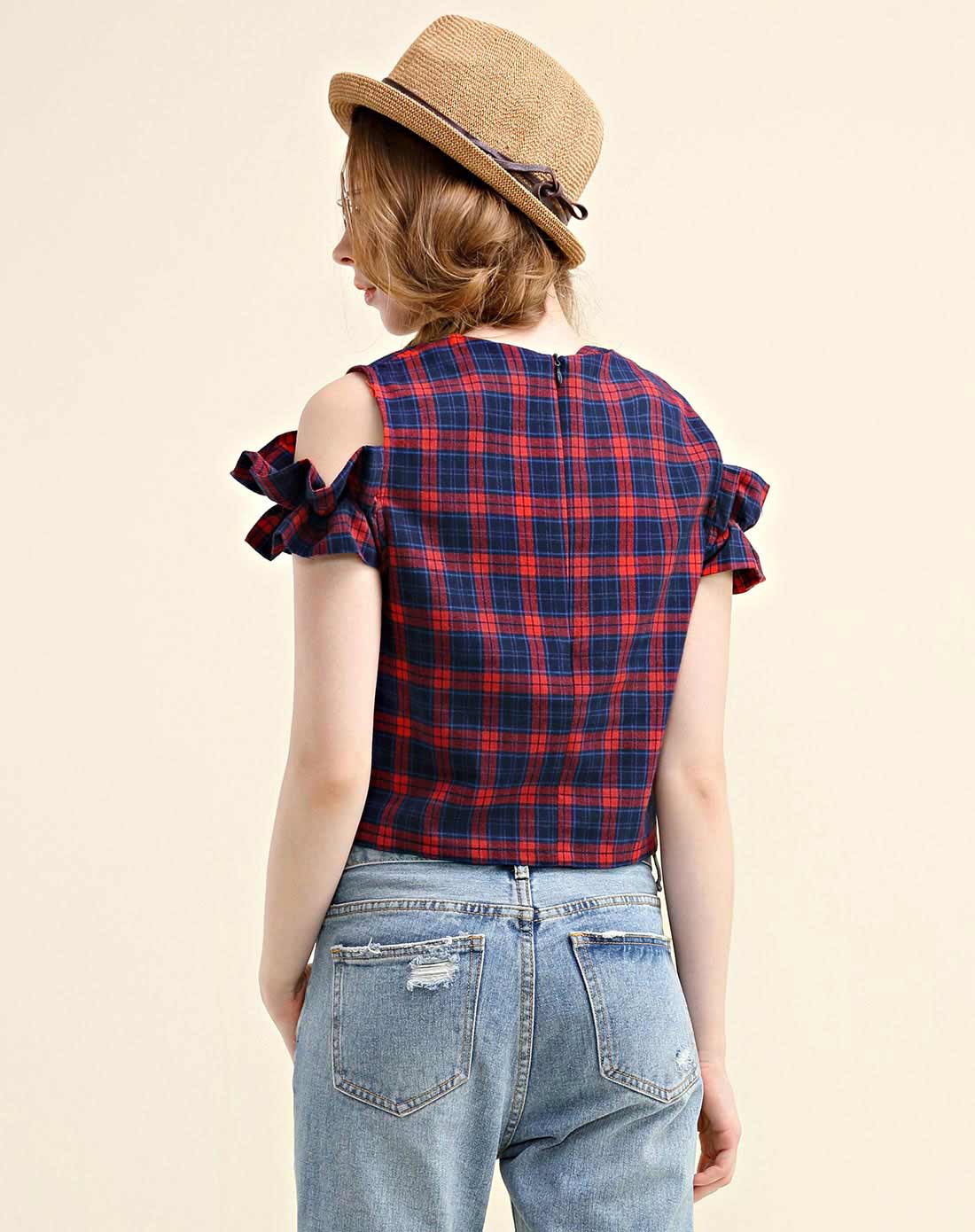 红色小清新格子t恤