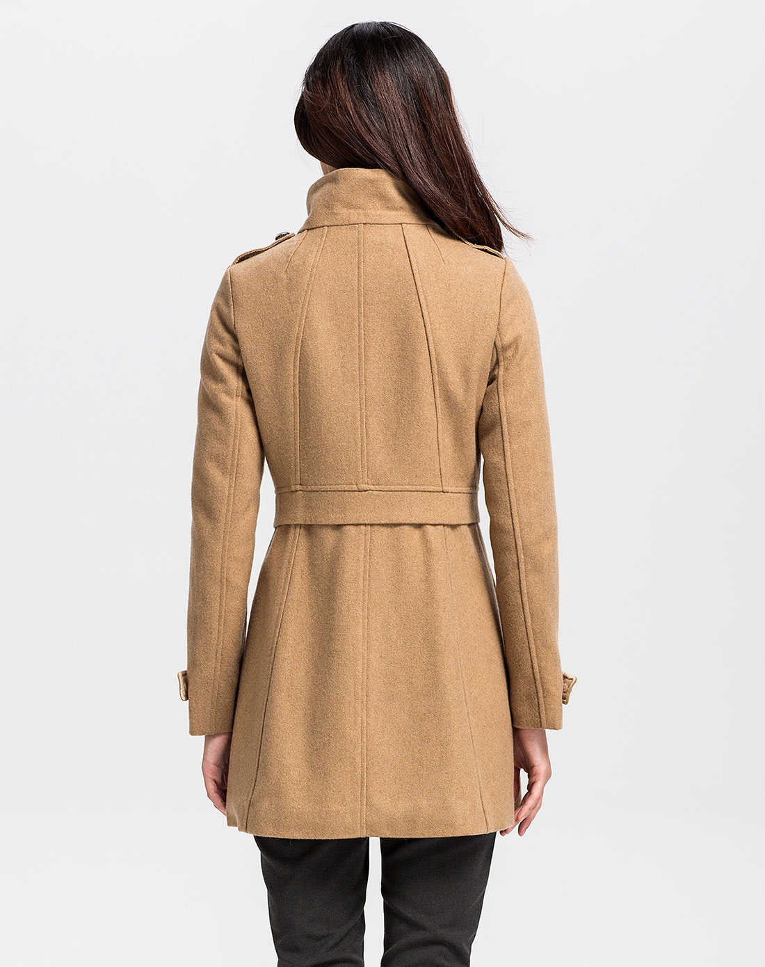 浅咖啡色长袖长款毛呢大衣