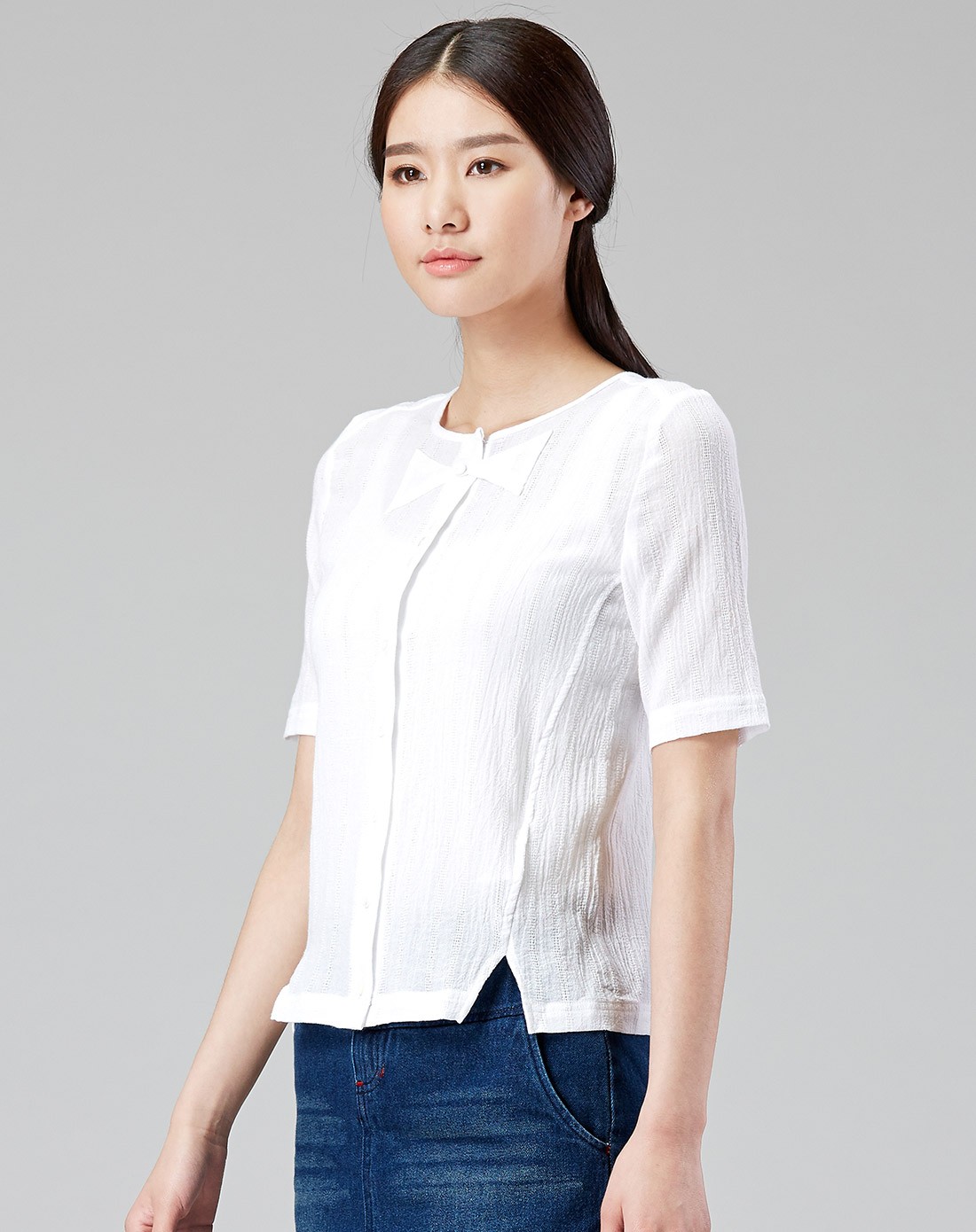 蝴蝶结纯棉绉纱圆领衬衫