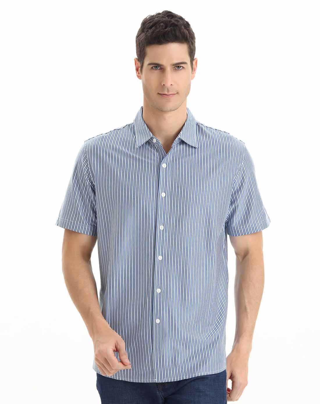 蓝白相间条纹时尚潮流短袖衬衫