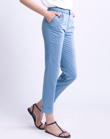 索菲丝尔裤子专场女款钴蓝精致腰头包边时尚舒亚麻八分直筒裤xl52105