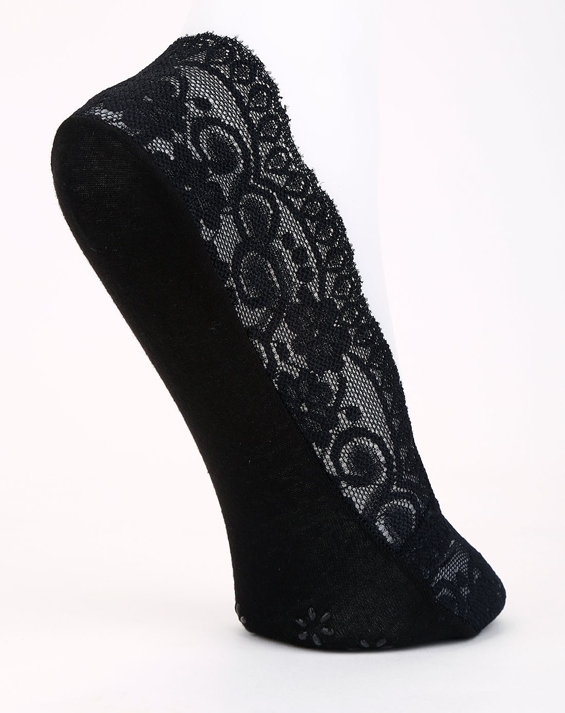 浅口蕾丝不掉跟硅胶防滑女士船袜-黑色