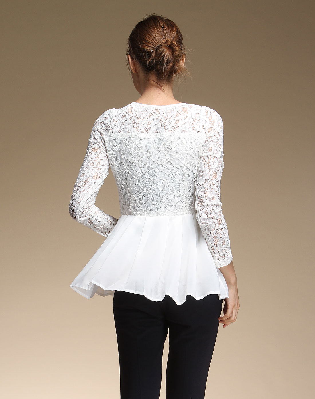 白色蕾丝拼接拉链式长袖上衣