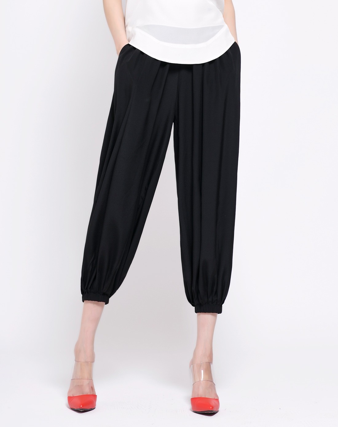 女款真丝黑色松紧腰头时尚舒适灯笼裤