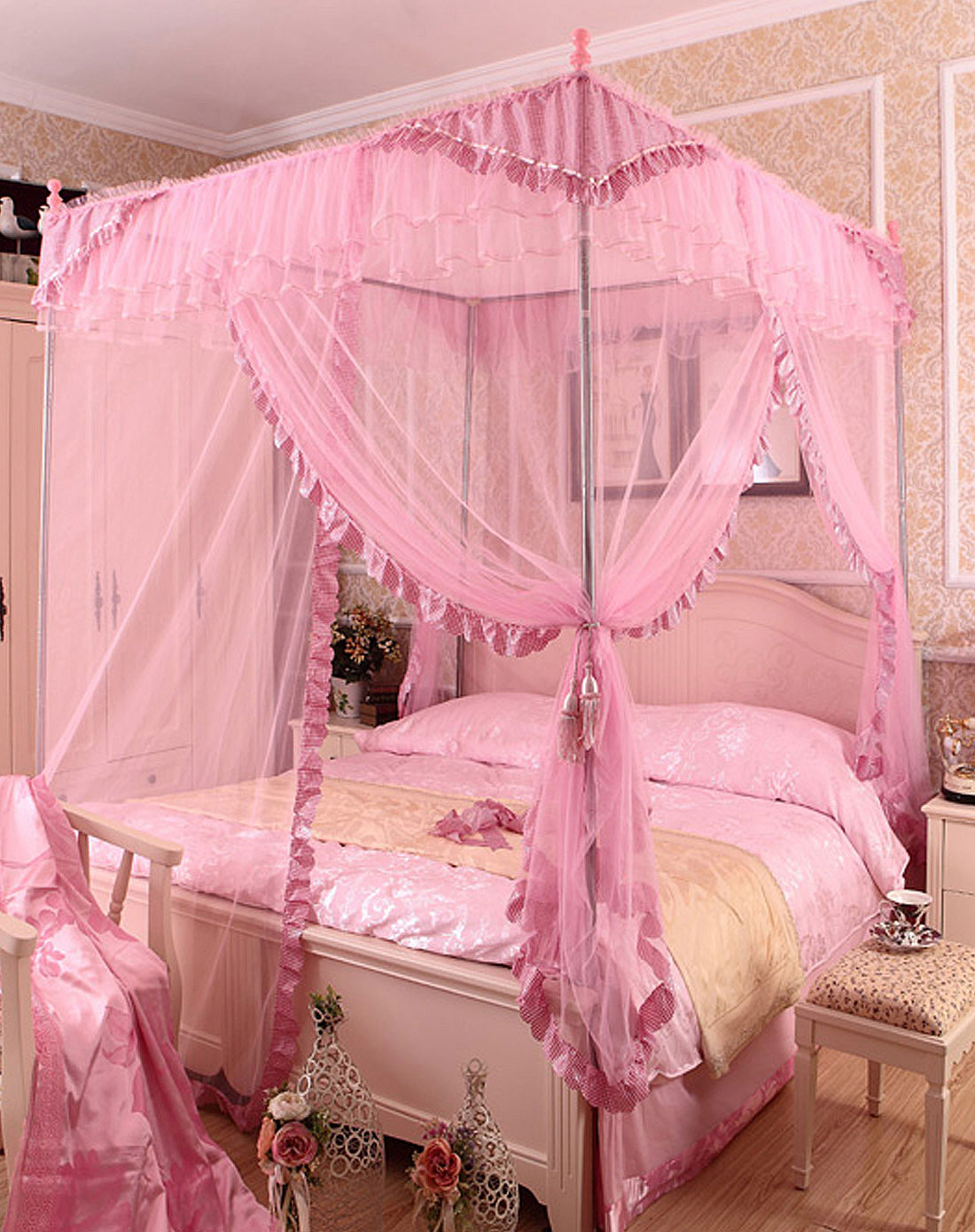 95m三开门方顶宫廷不锈钢蚊帐-粉色