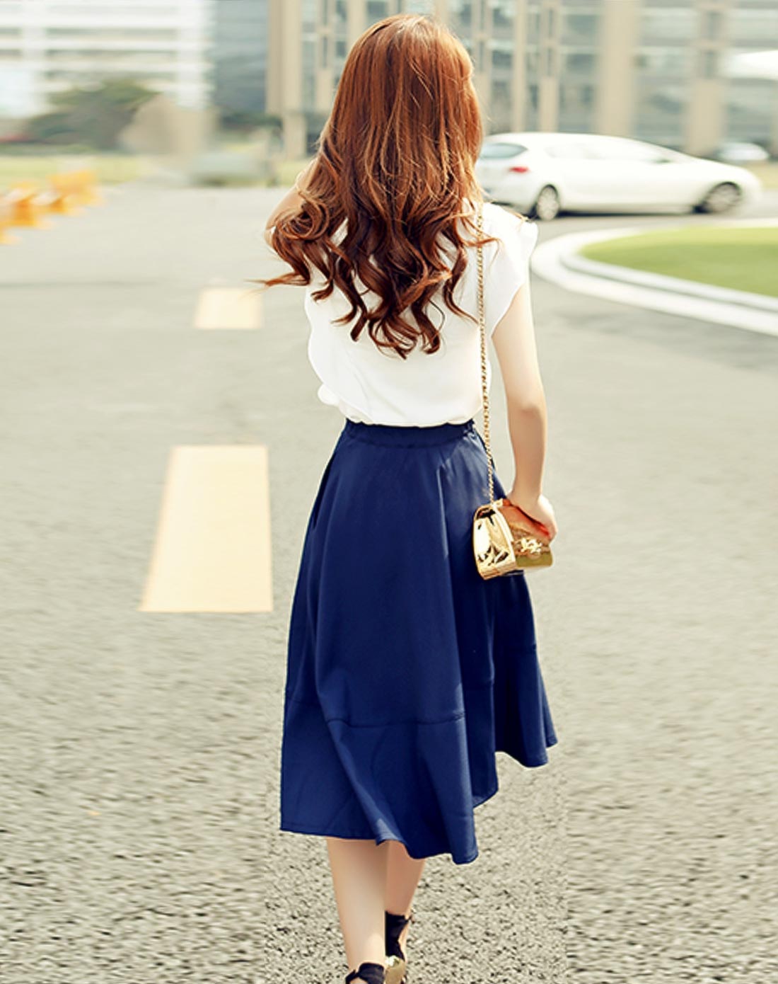 女藏蓝色纯色上衣搭半身裙套装