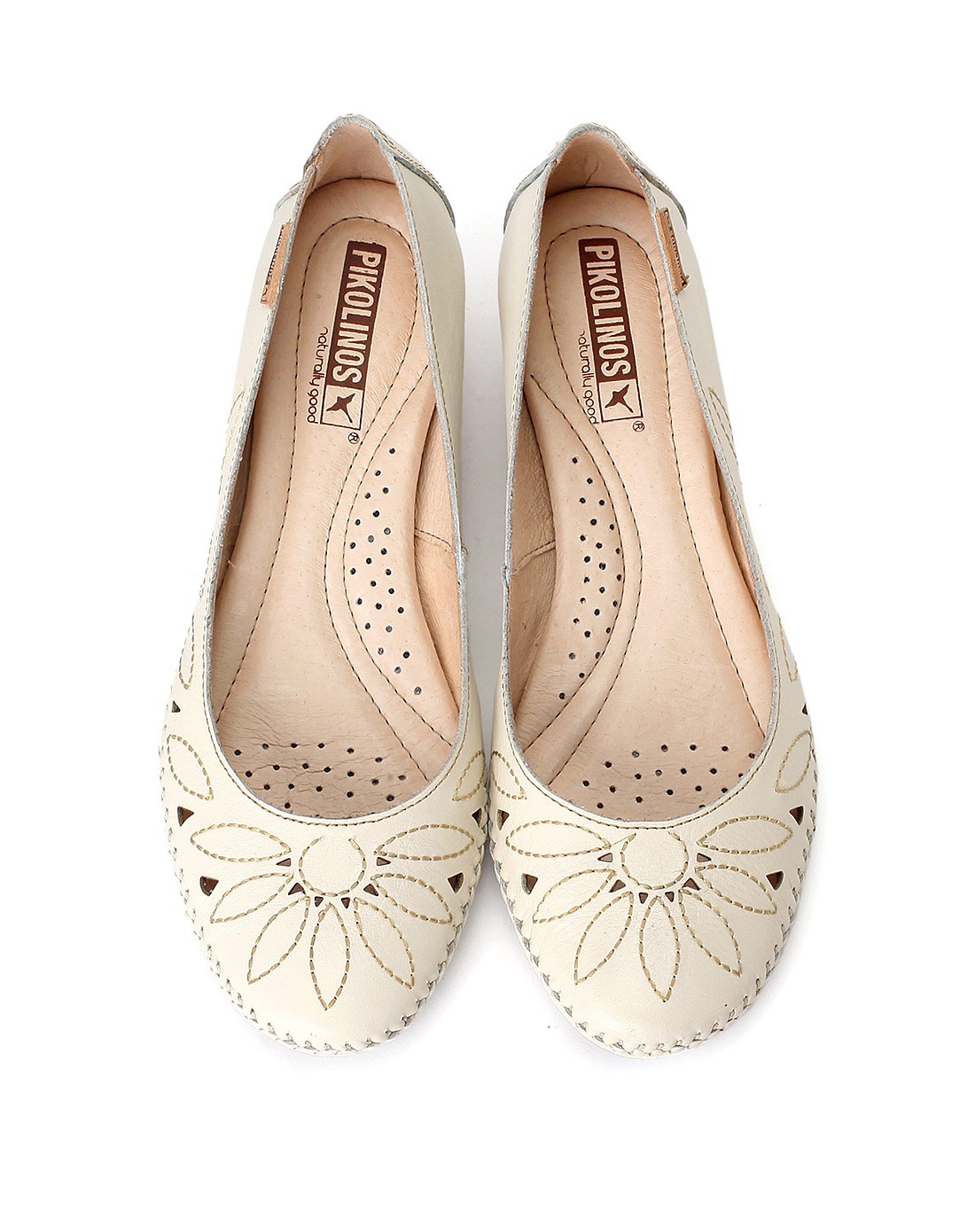 pikolinos女款椰奶白手工缝线头层牛皮花朵锥形跟圆头单鞋