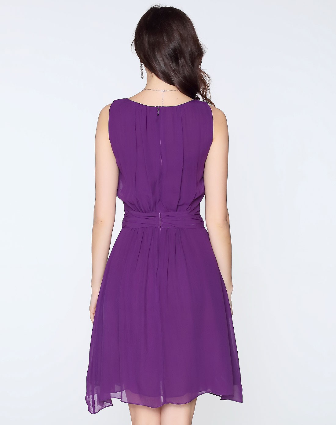 深紫色气质优雅无袖连衣裙