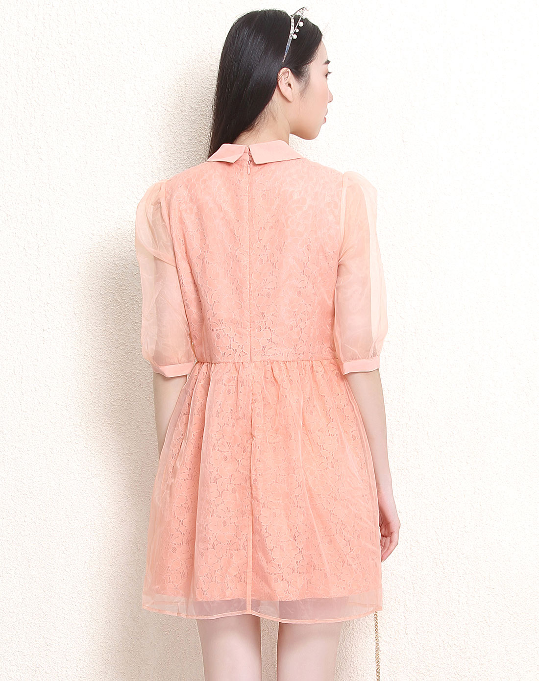 肉粉色甜美修身中袖连衣裙