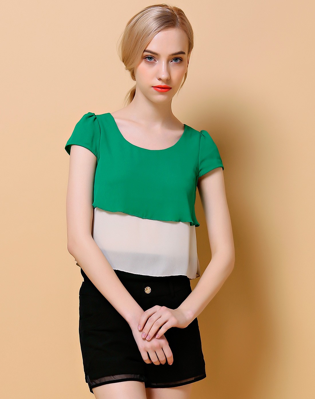 孔雀绿个性叠层短袖上衣