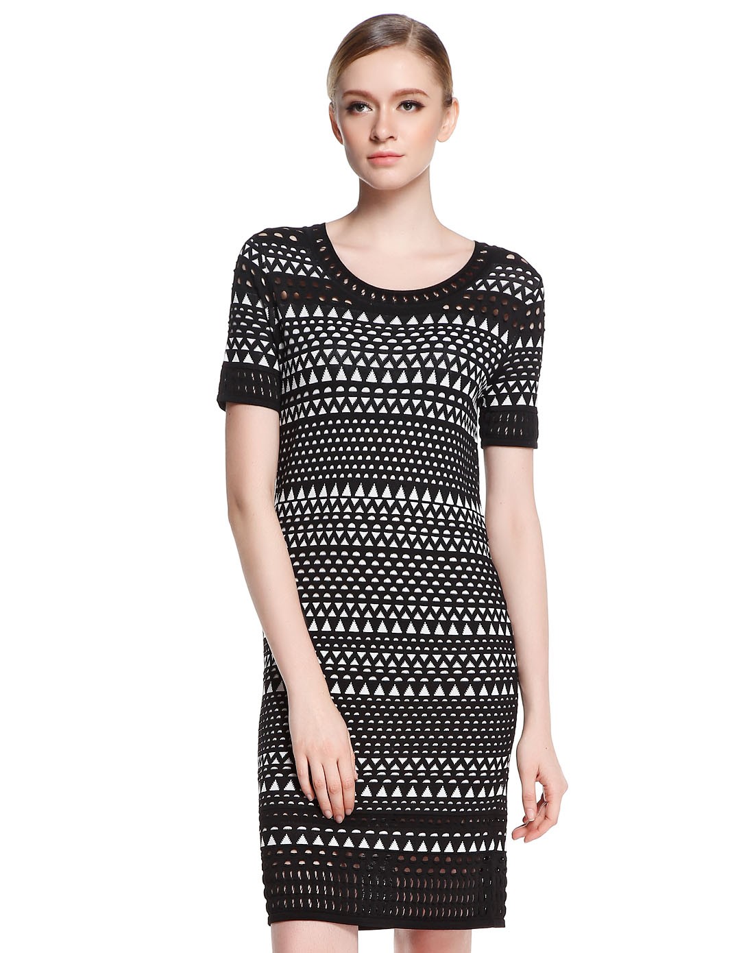 凯瑞拉crcara黑/白色网眼几何印花短袖针织连衣裙rr152pko0311b1_唯品