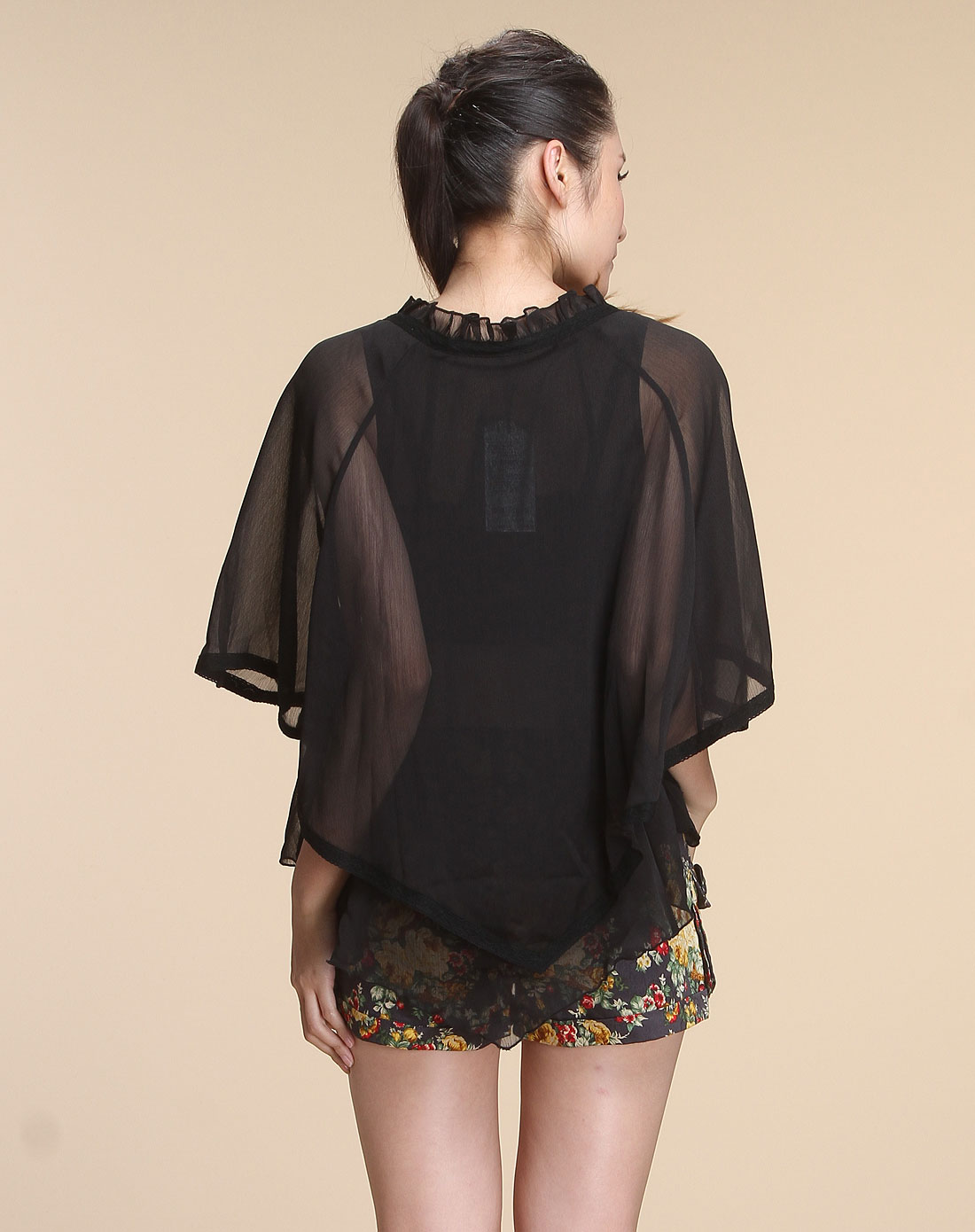 黑色休闲蝙蝠袖雪纺上衣