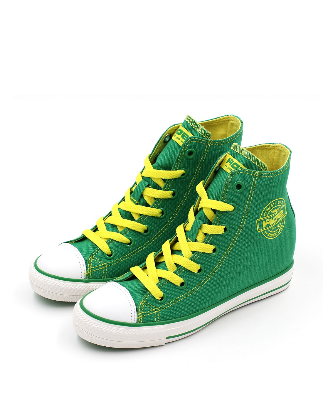 撞色增高 女款绿色高帮帆布鞋 时尚休闲