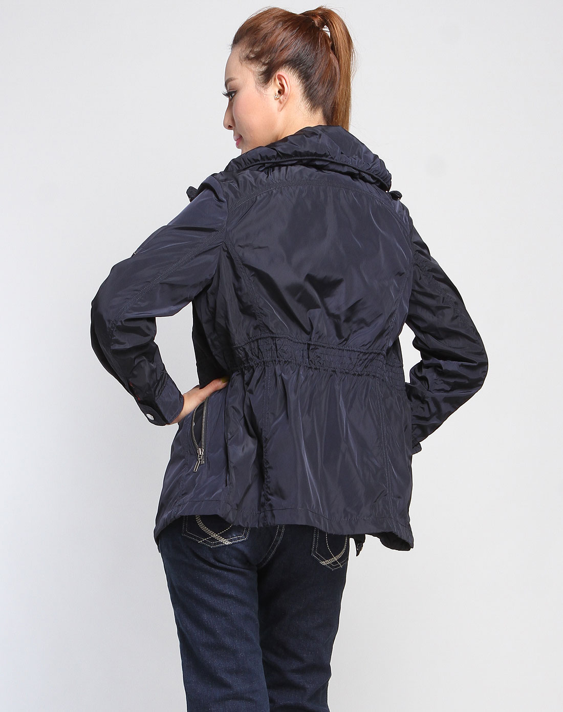 爵克jaket女装专场-深蓝色简约休闲长袖夹克