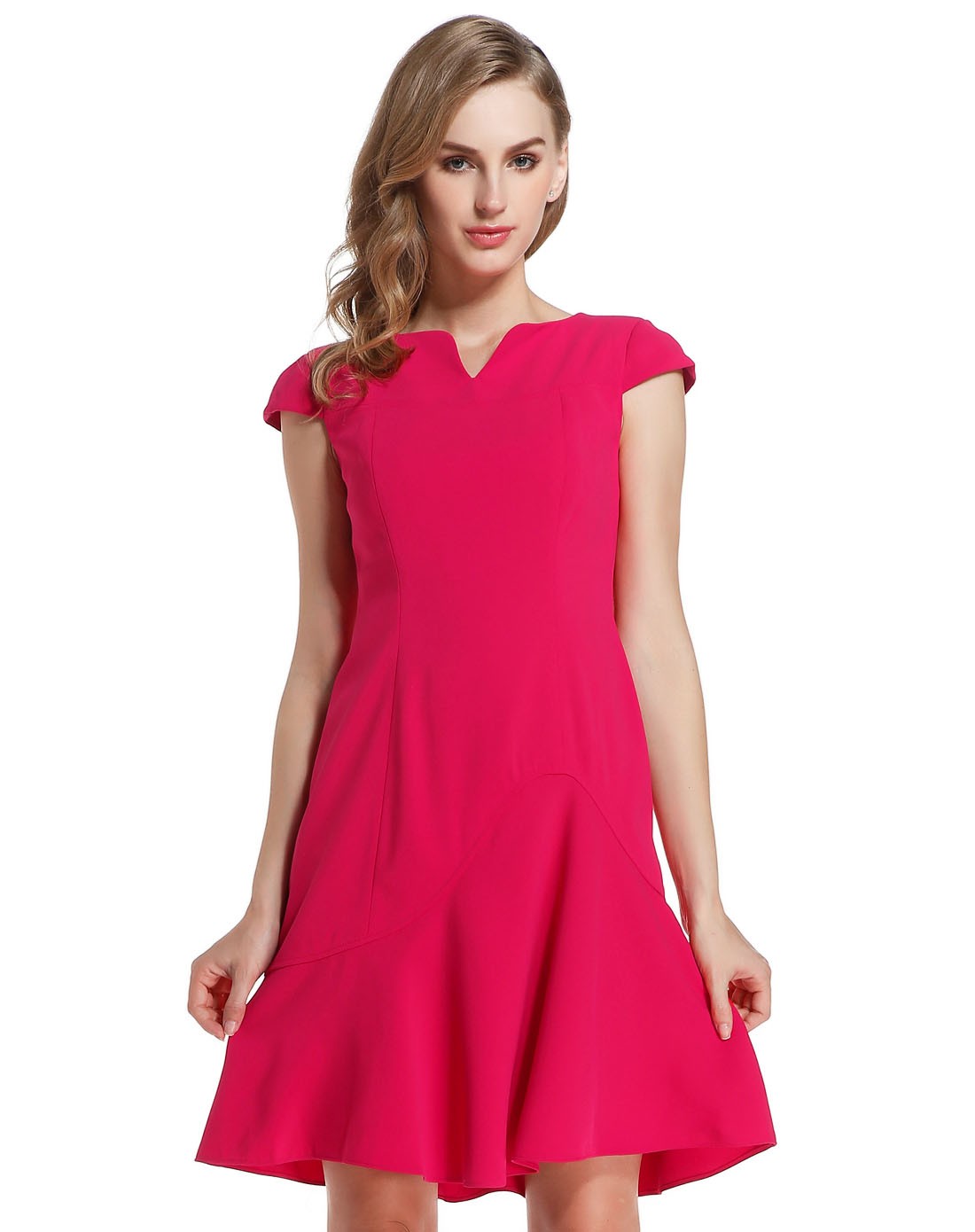 玫红色气质唯美盖肩袖连衣裙