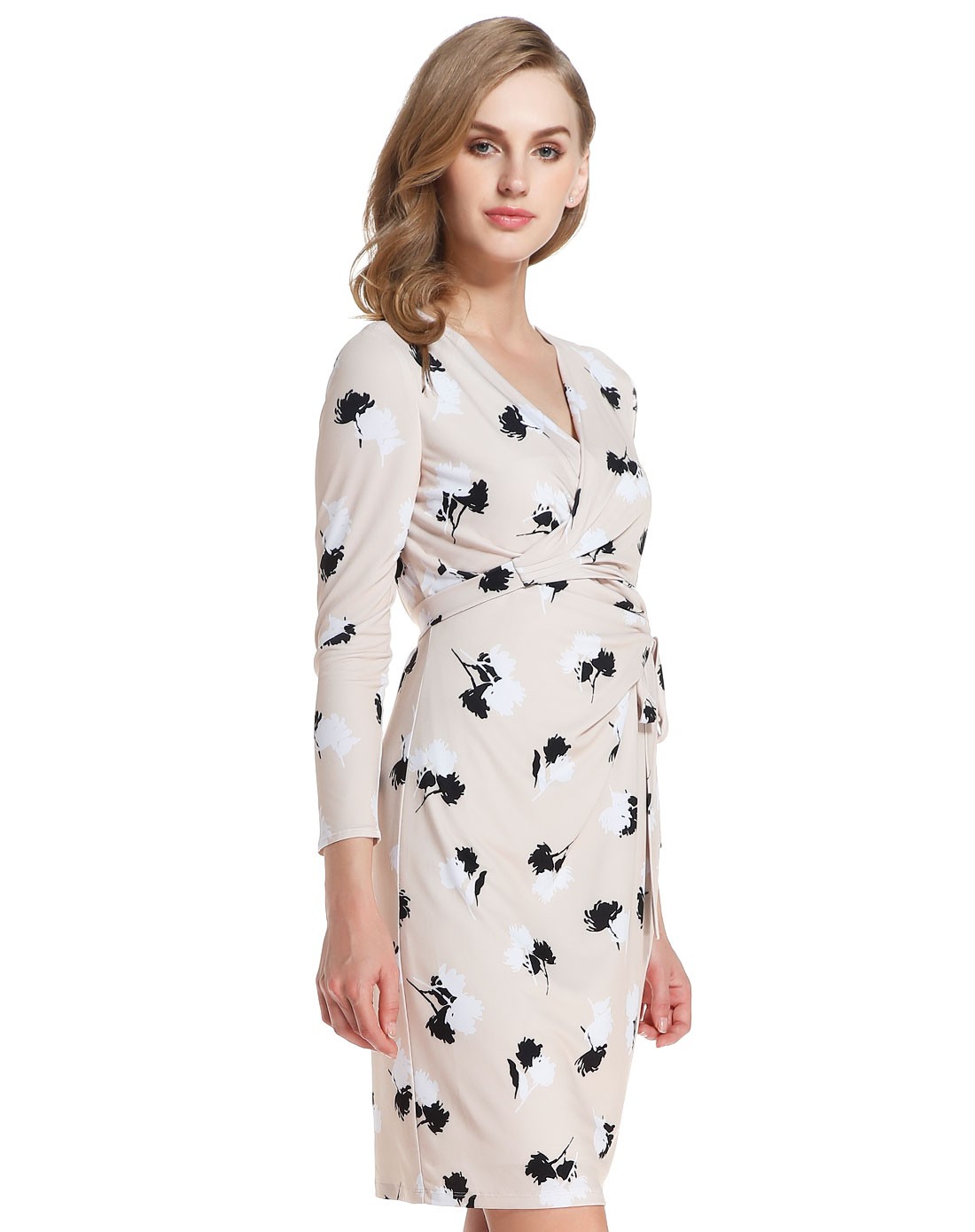 anne klein女装专场 > 米色印花舒适九分袖连衣裙