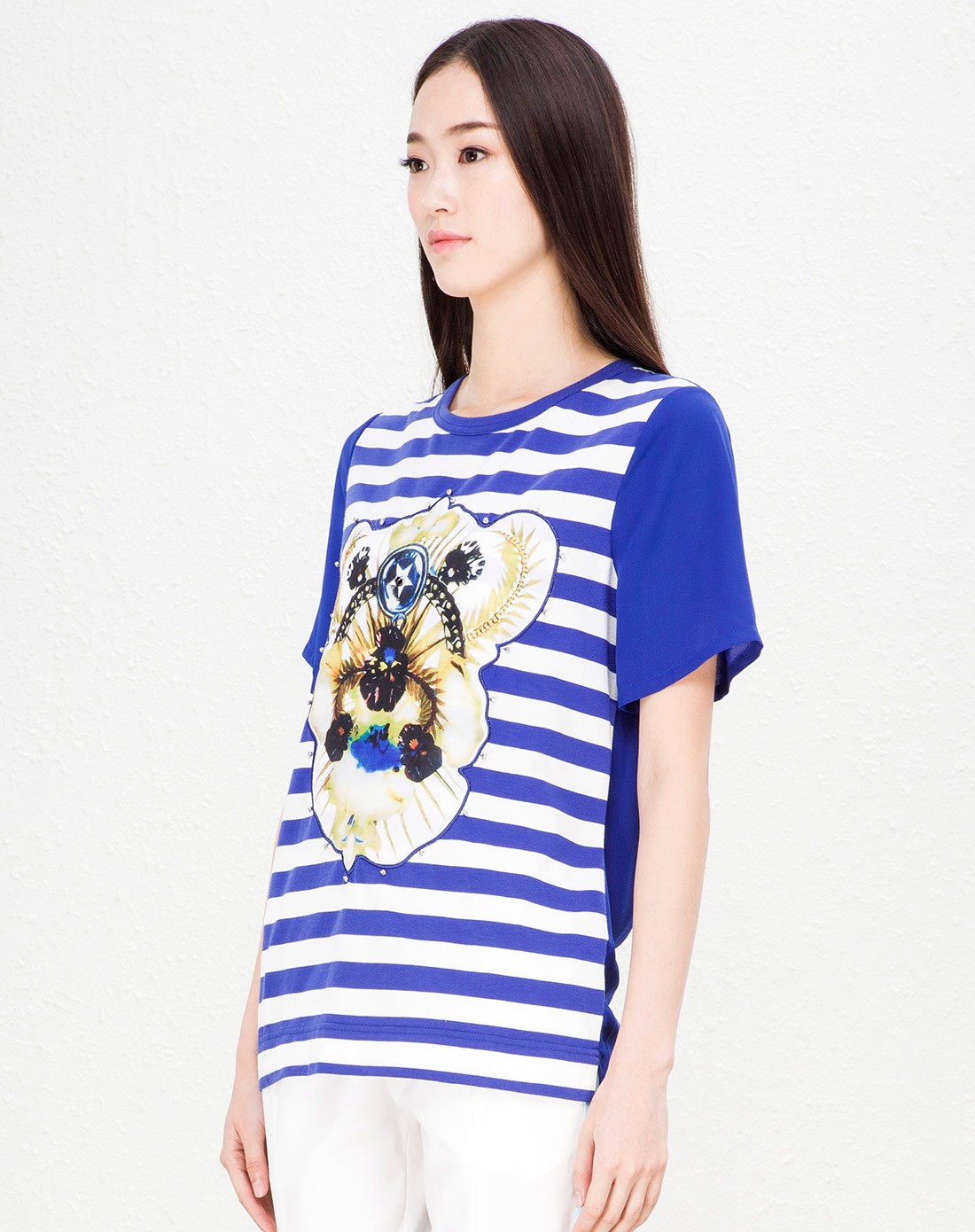 圆领条纹撞色中长款t恤