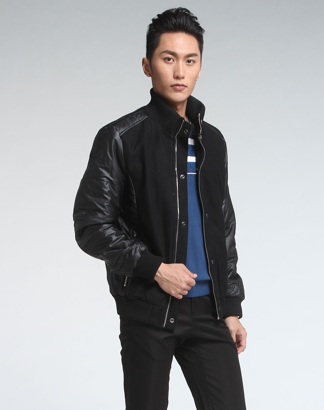 黑色个性拼皮竖领长袖外套