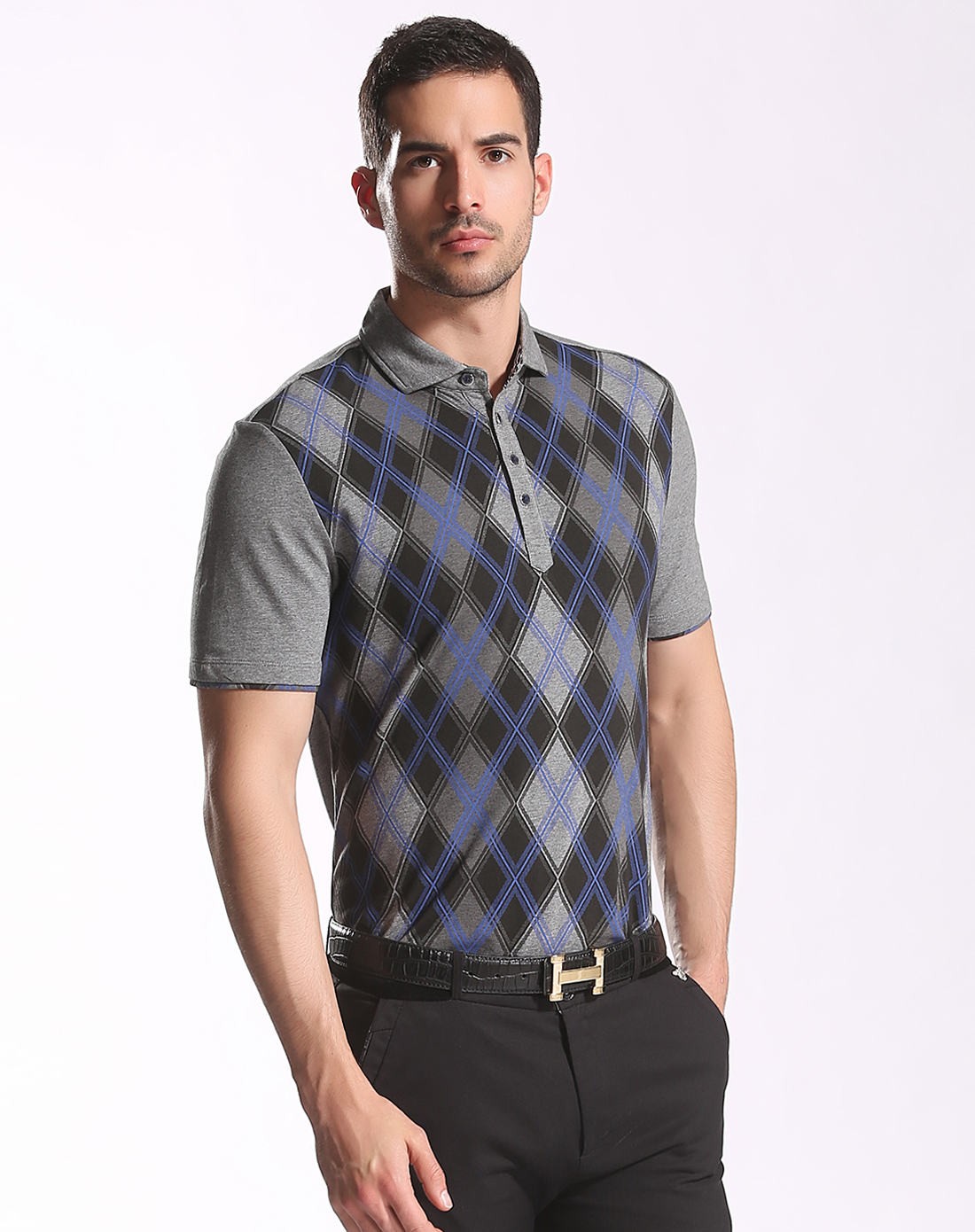 高档棉翻领商务休闲格纹短袖t恤