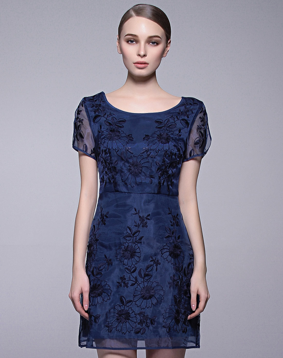 深蓝色夏季欧根纱蕾丝绣花显瘦女高贵优雅气质连衣裙