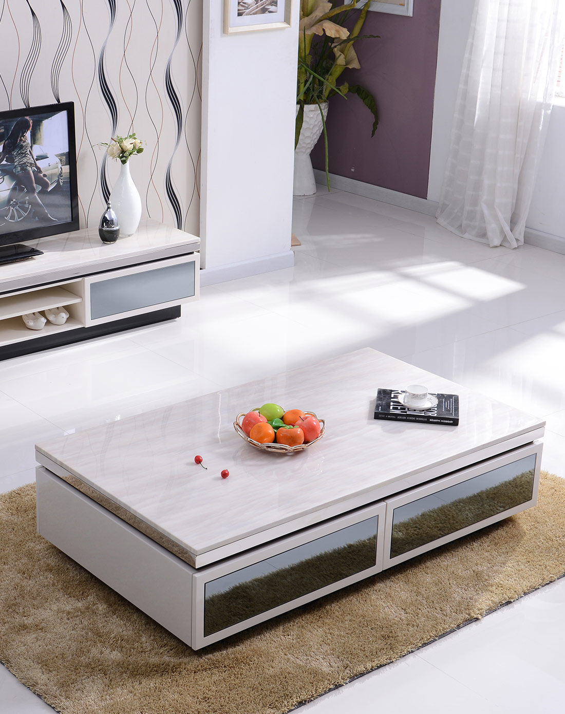 > 香榭印象 多缘佰兰系列大理石面茶几现代简约客厅小户型带抽屉茶几