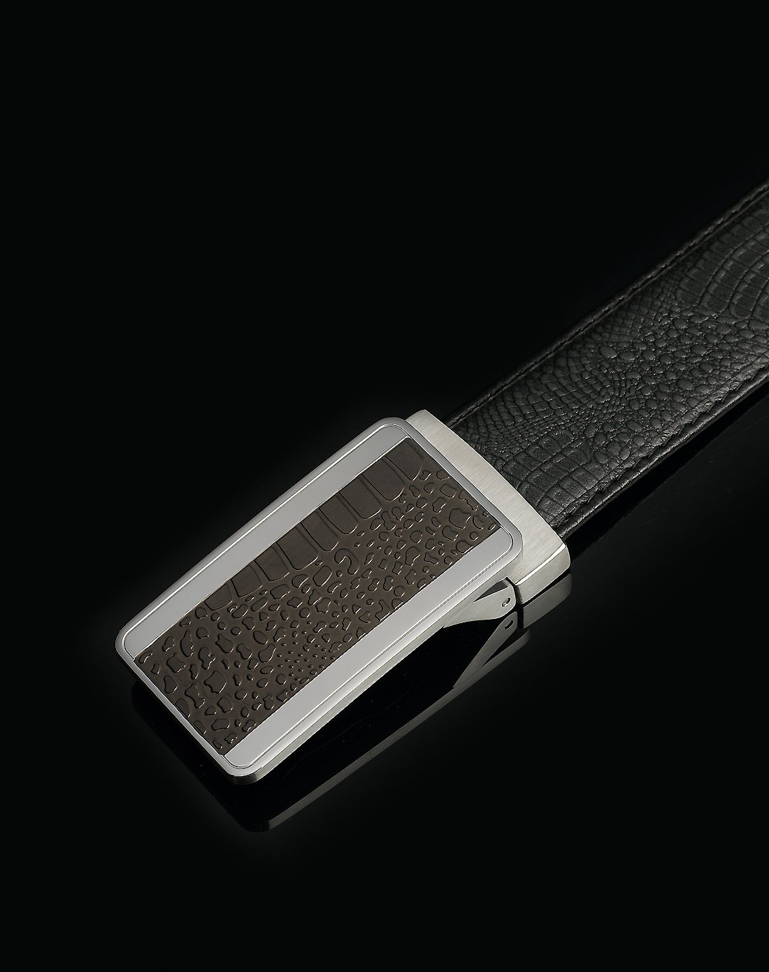 蜥蜴纹黑色商务窄版不锈钢间黑色板扣头层皮带