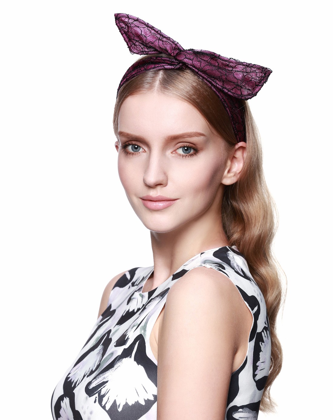 紫色可折叠蕾丝布艺宽发带