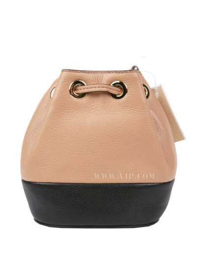 > 女士抽绳单肩斜挎包小号棕黑拼色