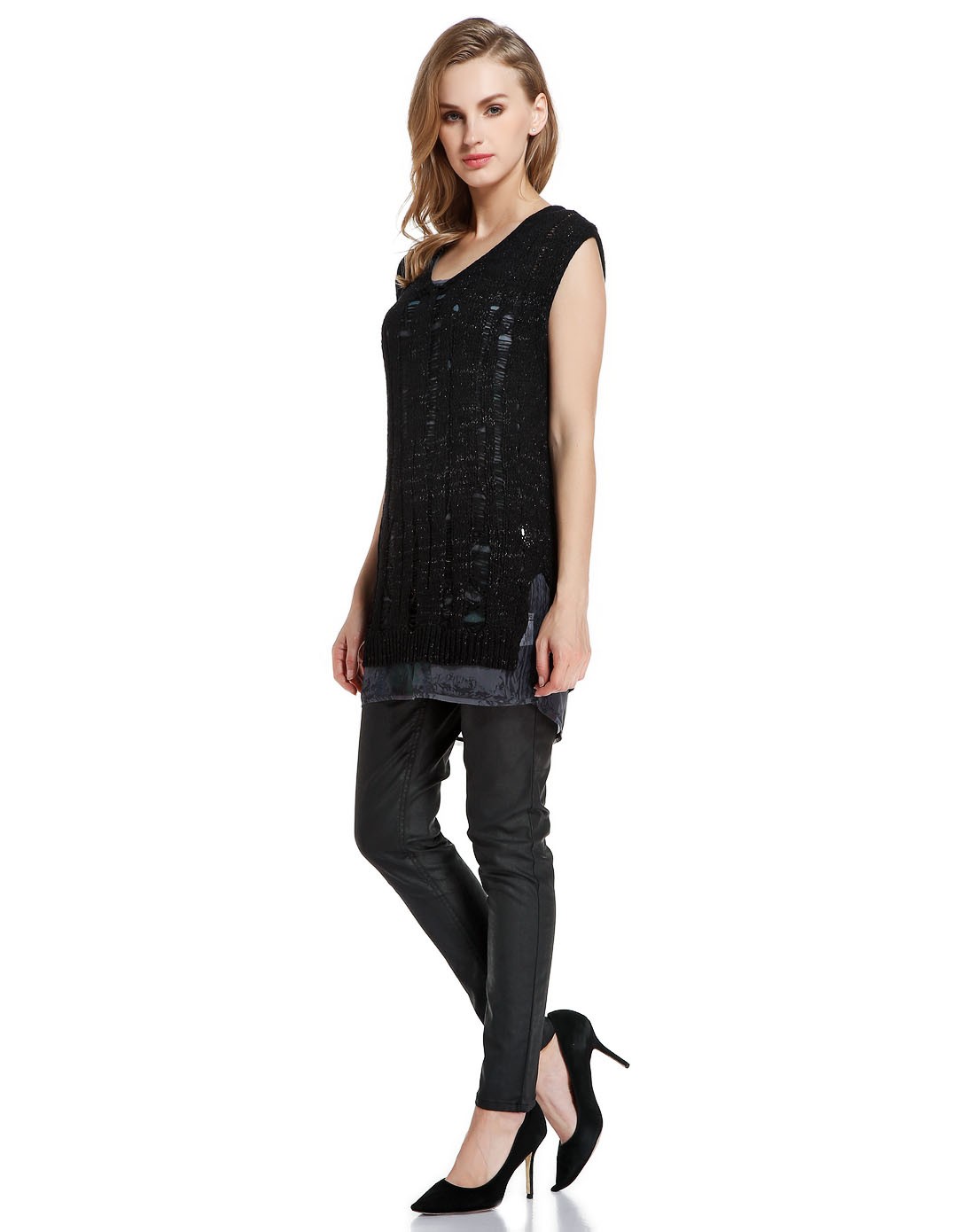 pesaro女装专场 黑/灰色印花拼接两件套盖肩袖长款针织衫