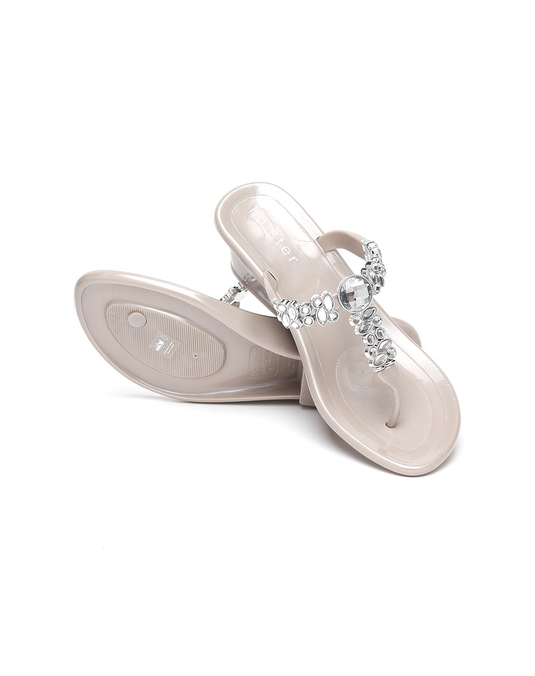 香槟色 潘多拉 镶饰坡跟夹趾凉拖