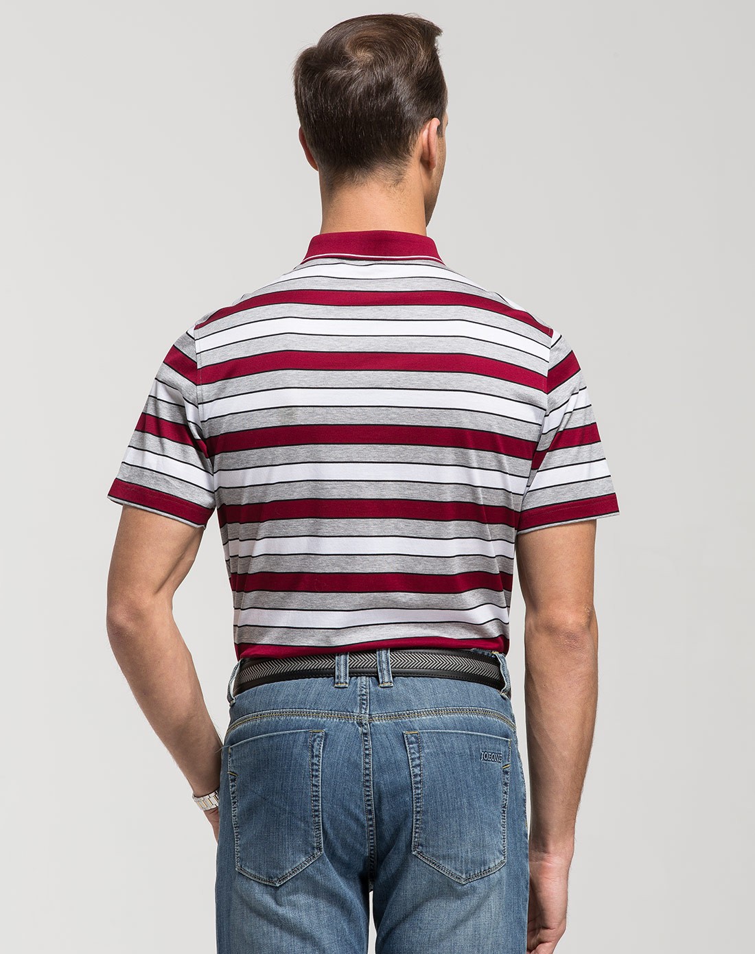 夏季条纹商务休闲红白灰条纹短袖t恤