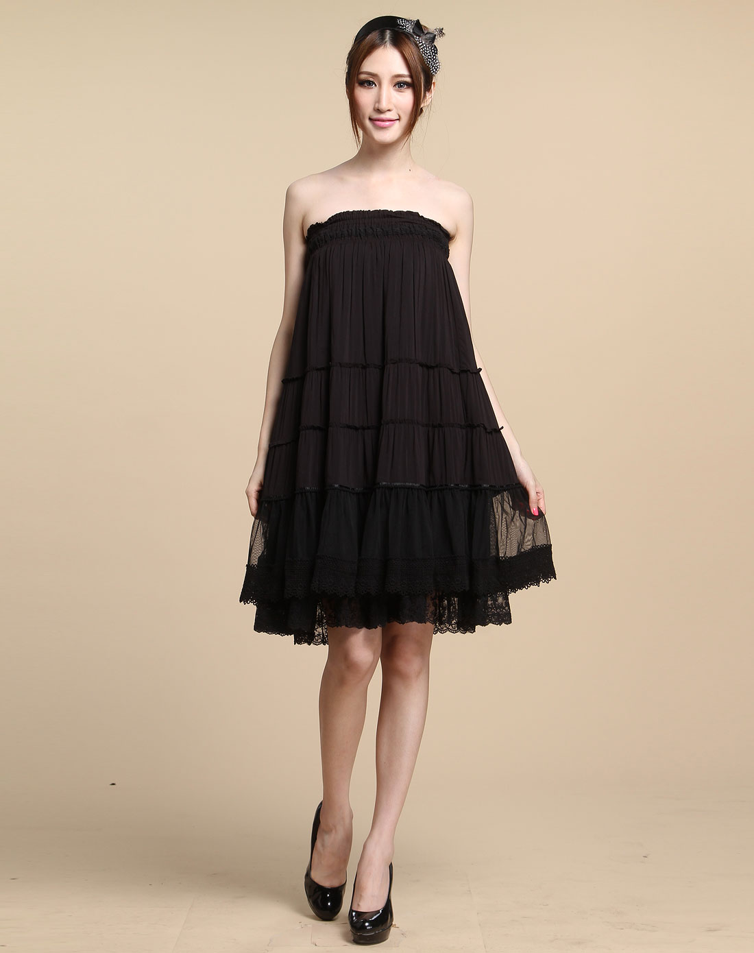 黑色拼网纱时尚吊带连衣裙