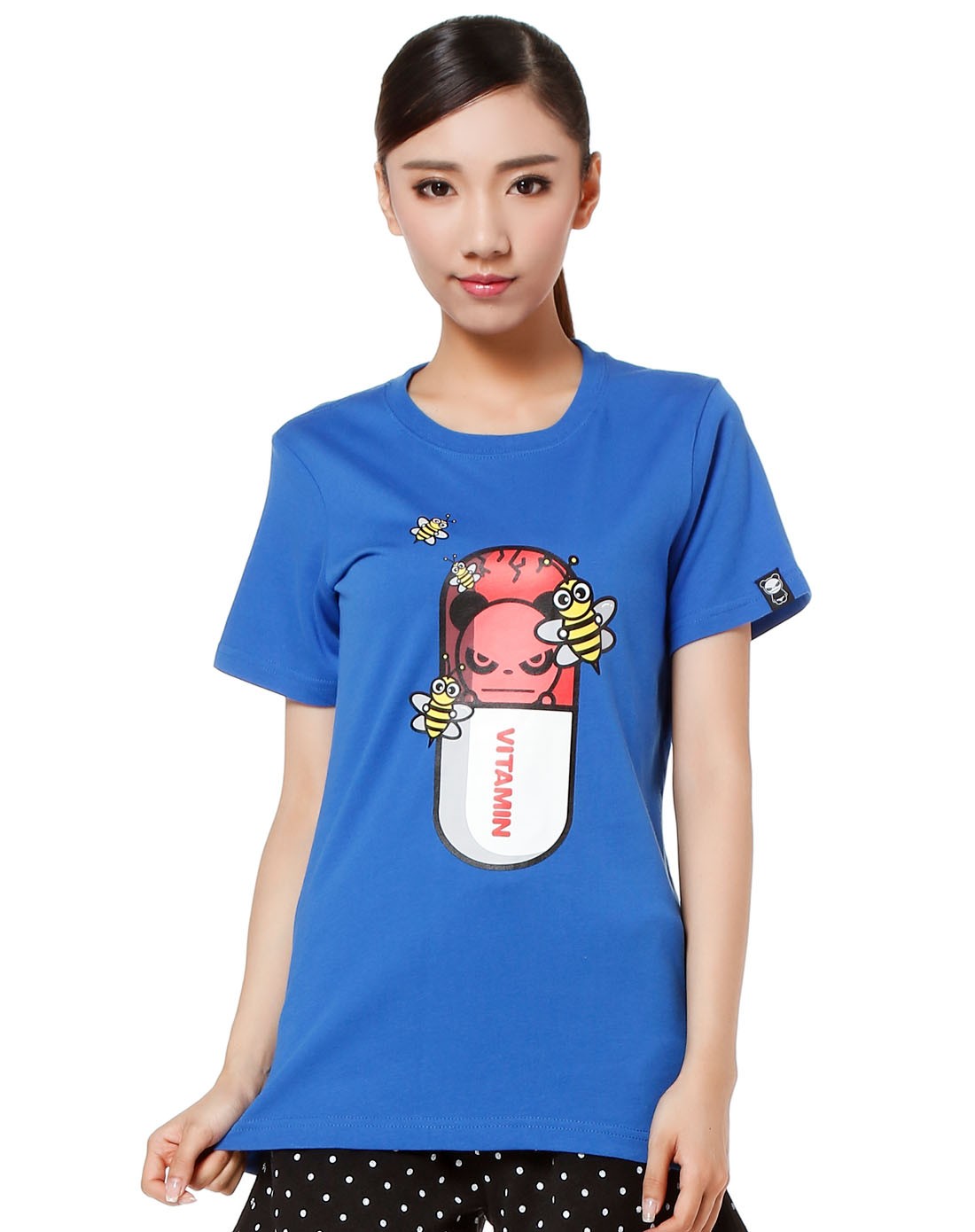 女款蓝色药丸印图短袖t恤