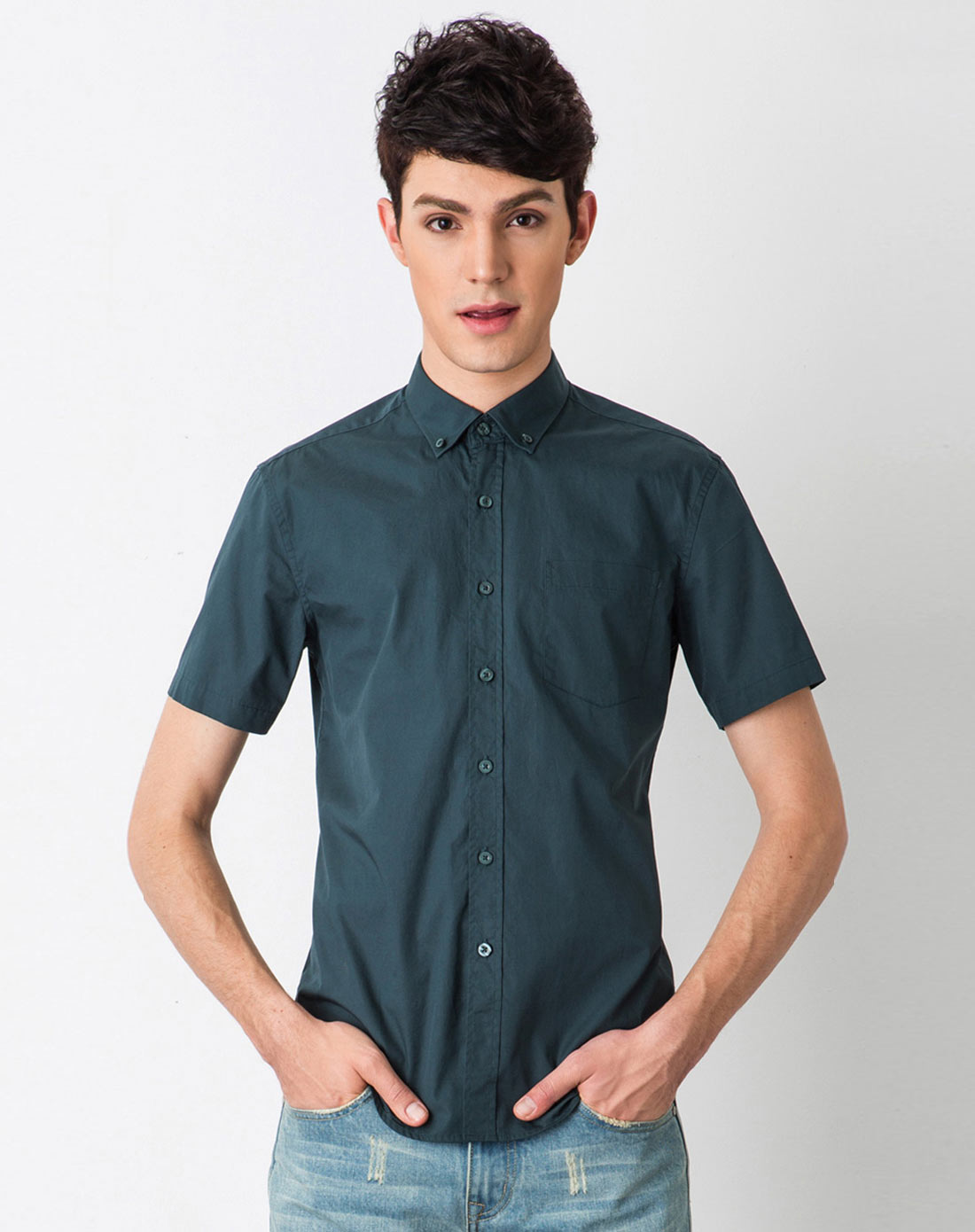 男深绿时尚休闲短袖衬衫